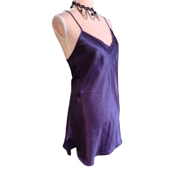 Vintage 80s Purple Satin Floral Applique Chemise Mini Slip Dress Medium - Picture 14 of 16